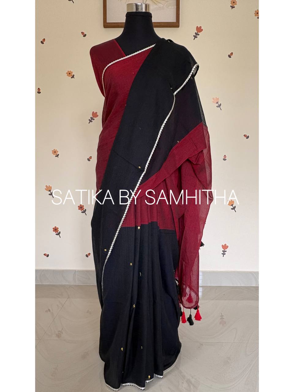 STSC13 - Premium 120 Count Pure Mul Cotton Double shade Saree with Ginis & Lace, Maroon and Black combination