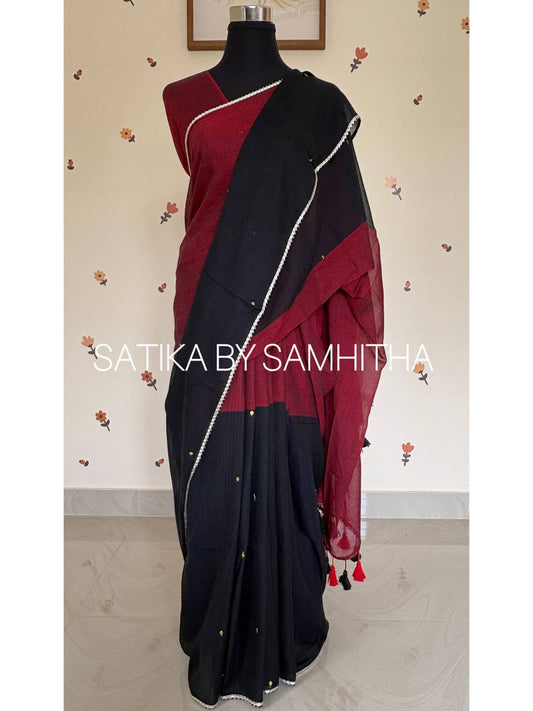STSC13 - Premium 120 Count Pure Mul Cotton Double shade Saree with Ginis & Lace, Maroon and Black combination