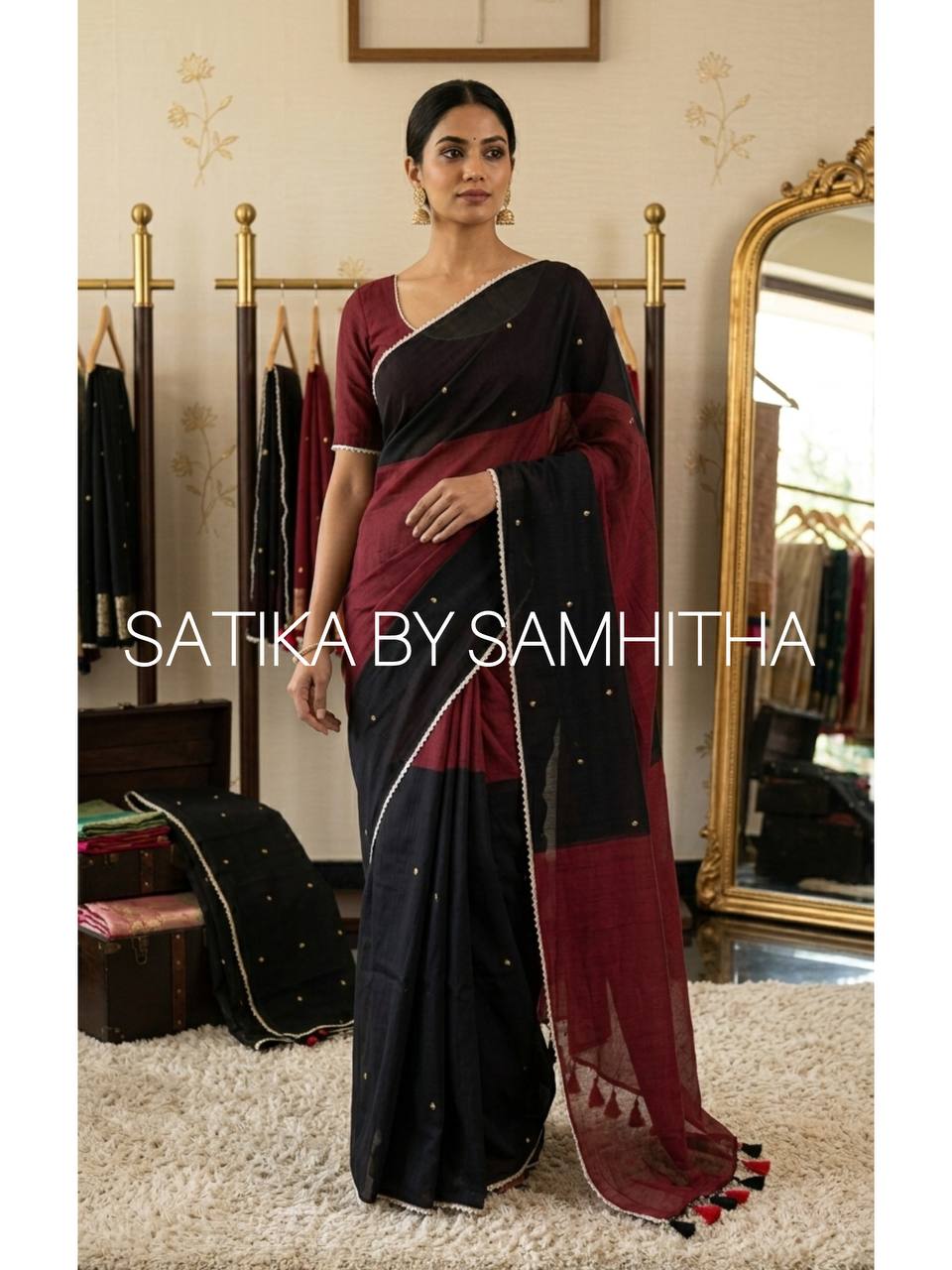 STSC13 - Premium 120 Count Pure Mul Cotton Double shade Saree with Ginis & Lace, Maroon and Black combination
