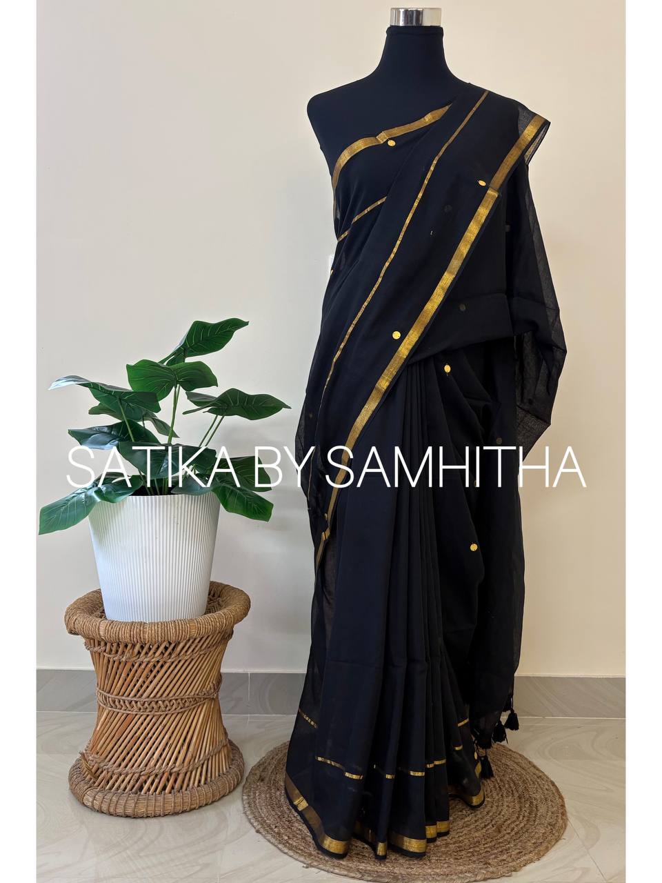 STSC14 - 🖤 Premium 120 Count Pure Mulcotton Saree with Ginis, Black shade