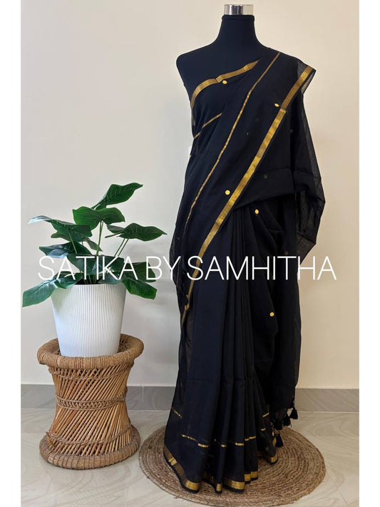 STSC14 - 🖤 Premium 120 Count Pure Mulcotton Saree with Ginis, Black shade