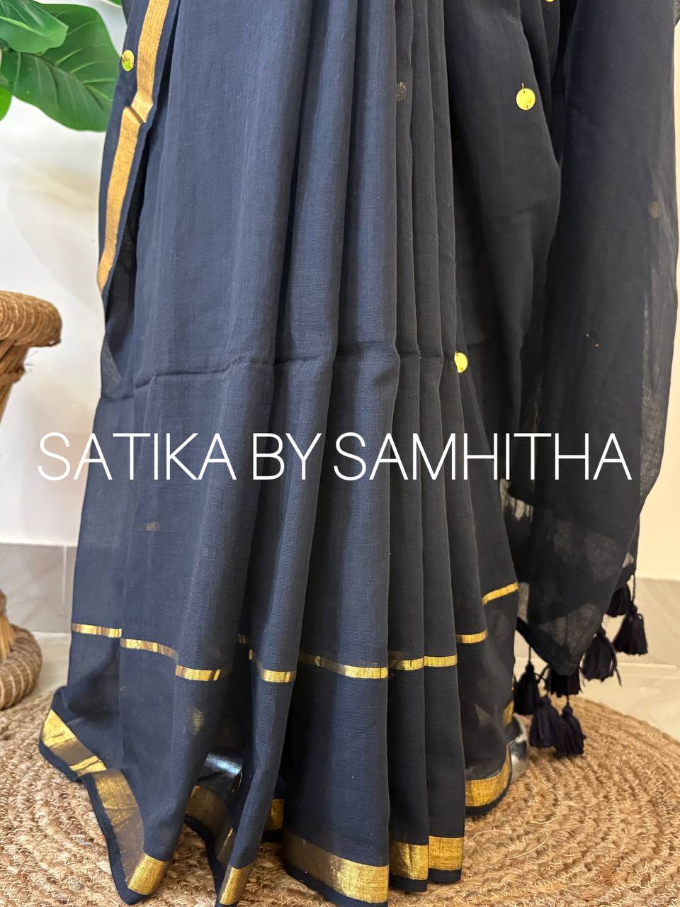 STSC14 - 🖤 Premium 120 Count Pure Mulcotton Saree with Ginis, Black shade