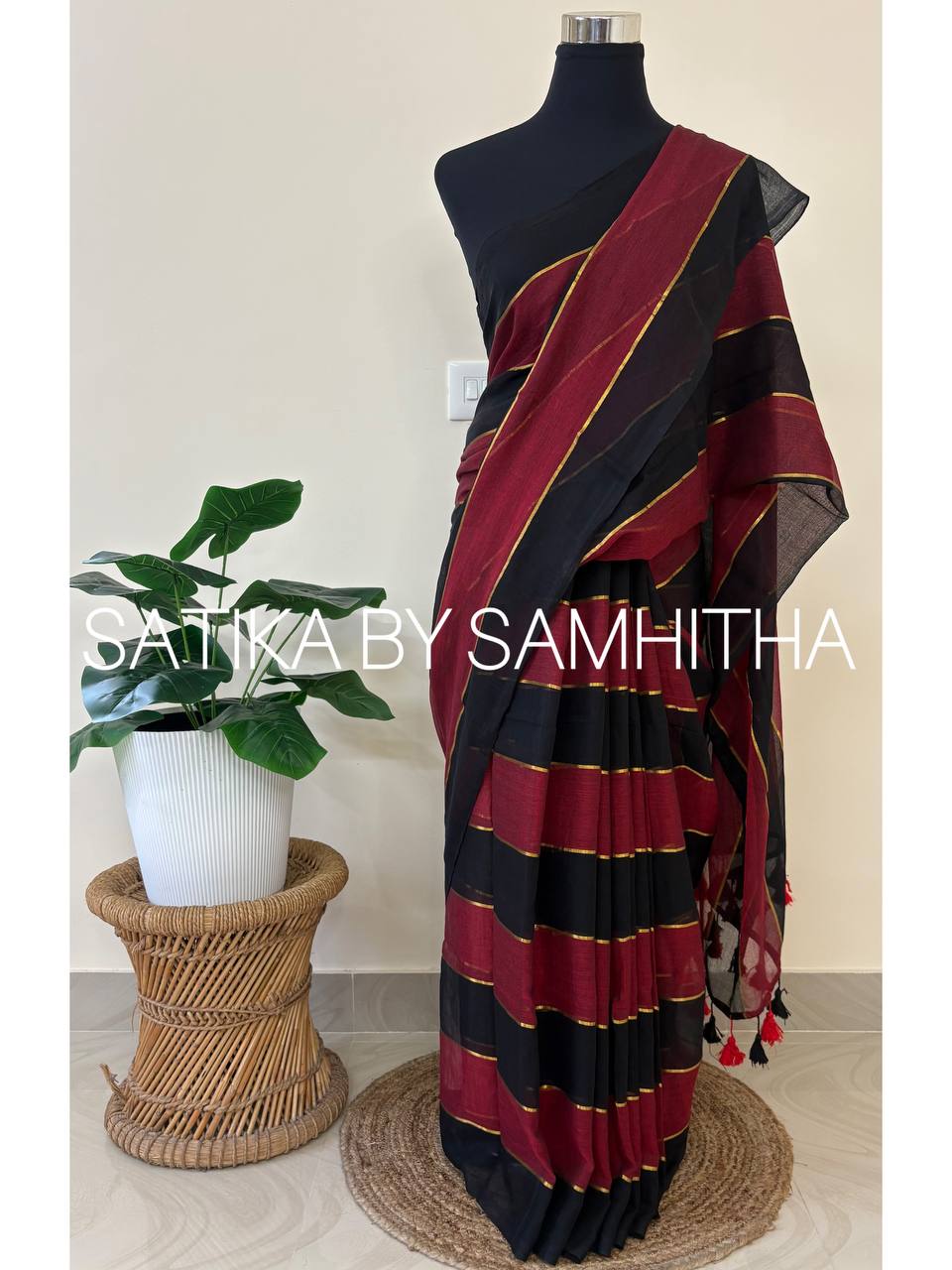 STSC15 - Premium Pure 120 Count Mul Cotton Saree, Multicolour stripes, Black and Maroon combination,Pre booking open now, dispatch within 10 working days