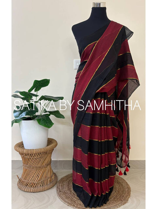 STSC15 - Premium Pure 120 Count Mul Cotton Saree, Multicolour stripes, Black and Maroon combination,Pre booking open now, dispatch within 10 working days