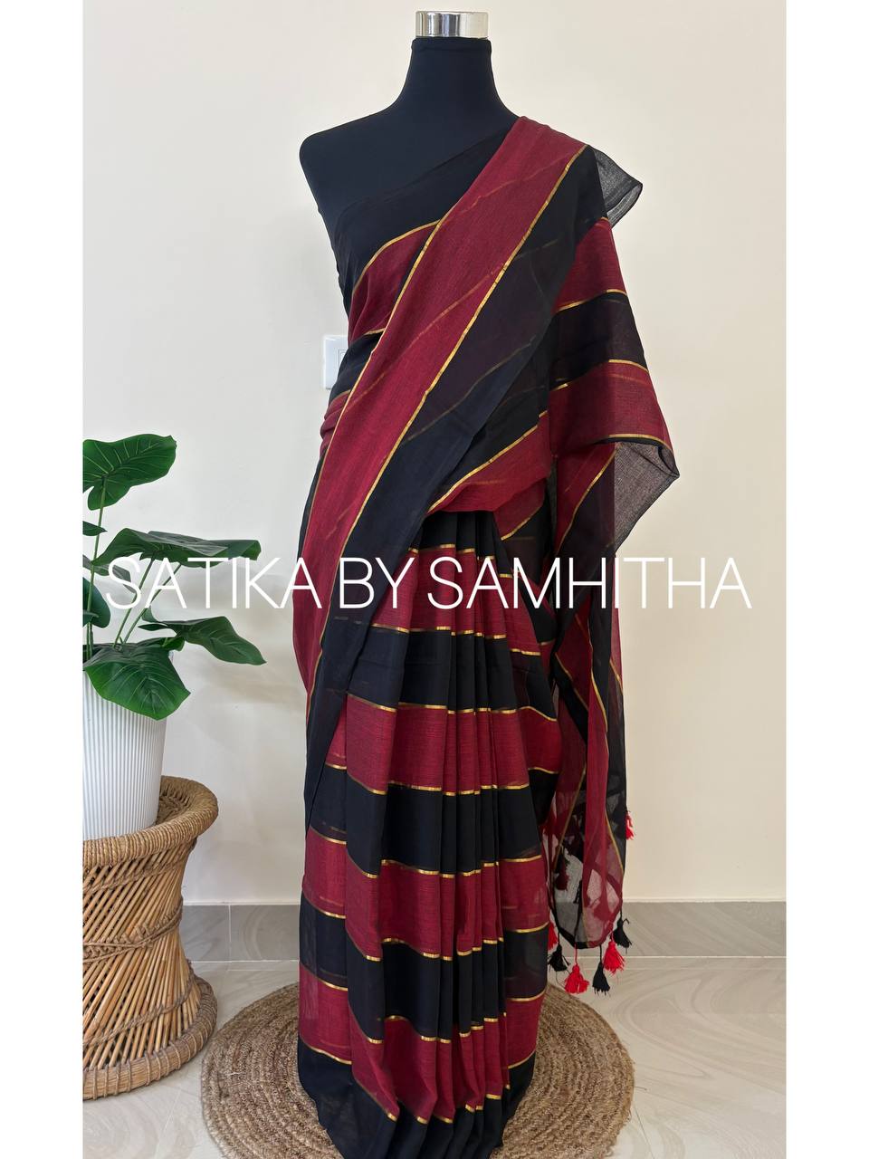 STSC15 - Premium Pure 120 Count Mul Cotton Saree, Multicolour stripes, Black and Maroon combination,Pre booking open now, dispatch within 10 working days