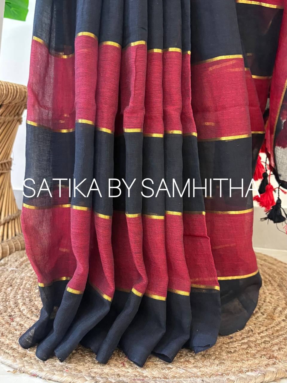 STSC15 - Premium Pure 120 Count Mul Cotton Saree, Multicolour stripes, Black and Maroon combination,Pre booking open now, dispatch within 10 working days