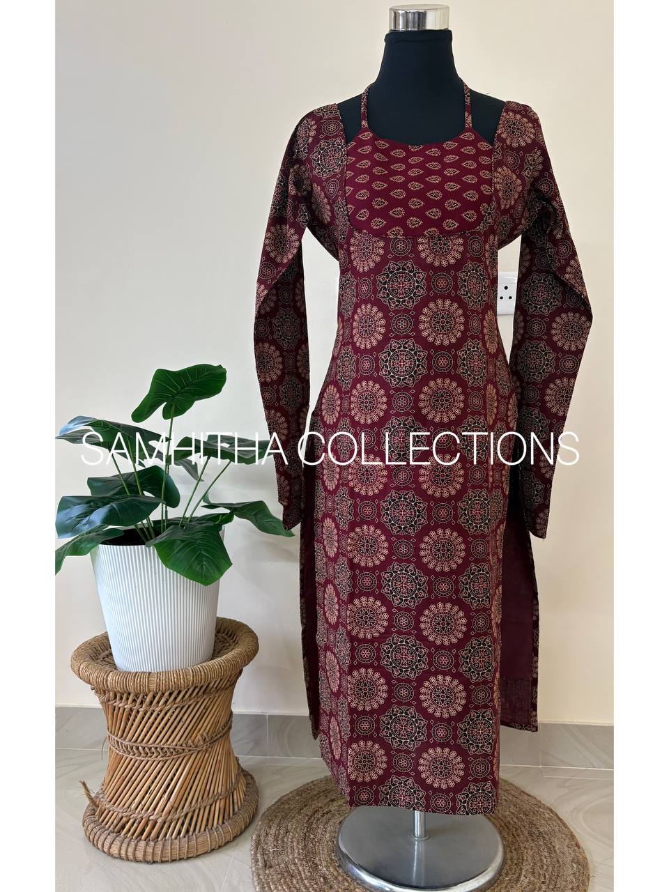SC3085 - Comfy cotton kurtis with trending neck design, Deep Purplish Maroon colour