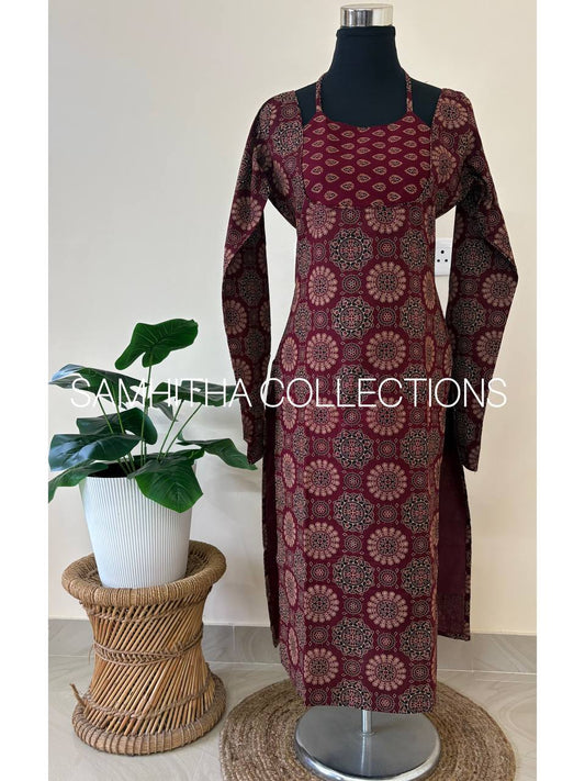 SC3085 - Comfy cotton kurtis with trending neck design, Deep Purplish Maroon colour