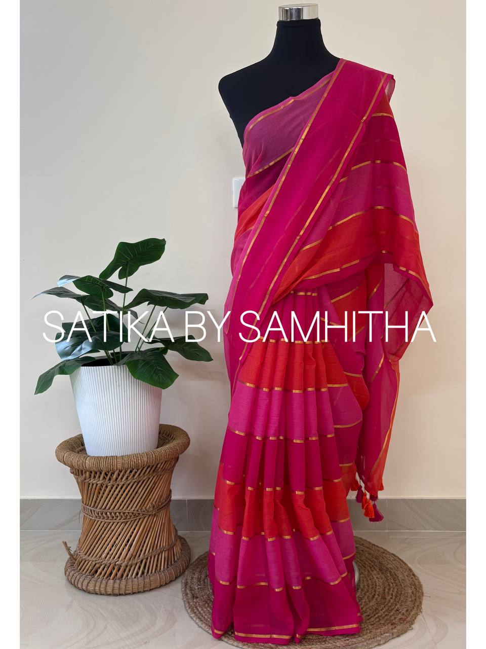 STSC16 - Premium Pure 120 Count Mul Cotton Saree, Multicolour stripes, Pink and coral hues combination,Pre booking open now, dispatch within 10 working days
