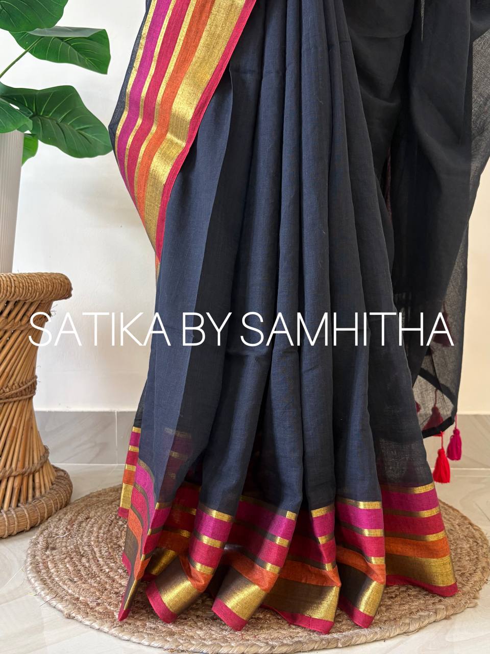 STSC17 - Midnight Muse: 120 Count Pure Mulcotton Saree with Multi-Tone Borders, Ready to dispatch