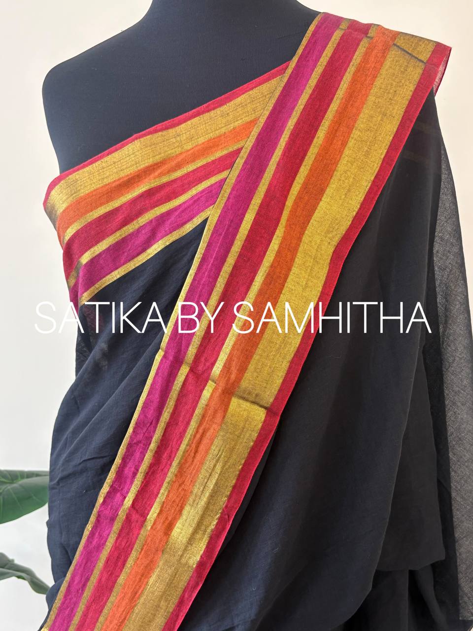 STSC17 - Midnight Muse: 120 Count Pure Mulcotton Saree with Multi-Tone Borders, Ready to dispatch
