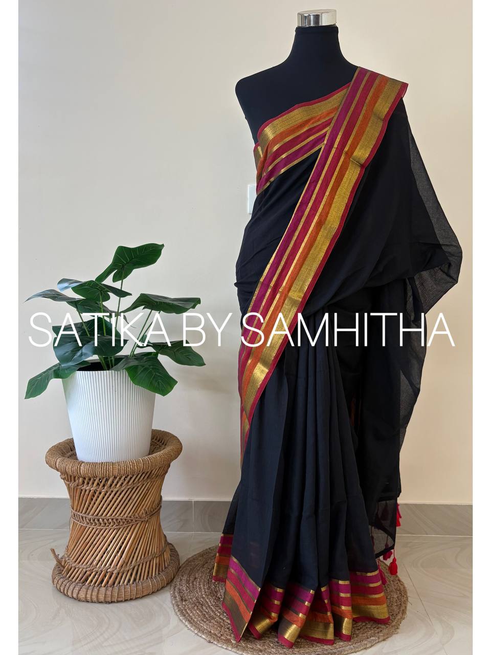 STSC17 - Midnight Muse: 120 Count Pure Mulcotton Saree with Multi-Tone Borders, Ready to dispatch