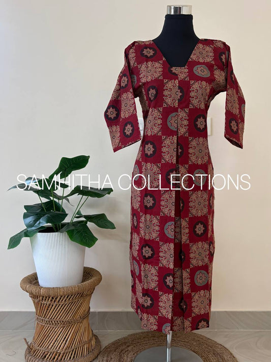 SC3104 - Premium Ajrakh-Print Cotton Co-ord Set – Effortless Elegance, Reddish maroon colour