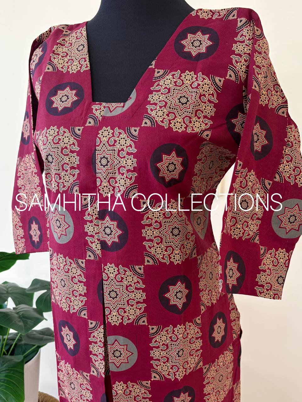 SC3114 - Premium Ajrakh-Print Cotton Co-ord Set – Effortless Elegance, Purplish maroon colour
