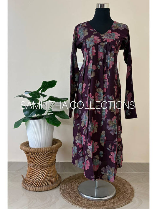 SC3094 - Premium Rayon Floral Aliya Cut Kurti – Semi Slitted Pattern, Purple wine colour