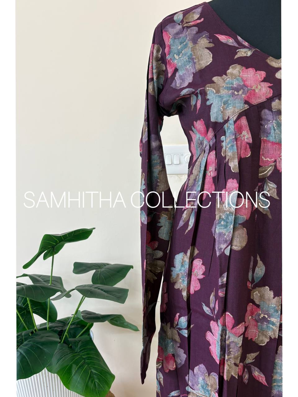 SC3094 - Premium Rayon Floral Aliya Cut Kurti – Semi Slitted Pattern, Purple wine colour