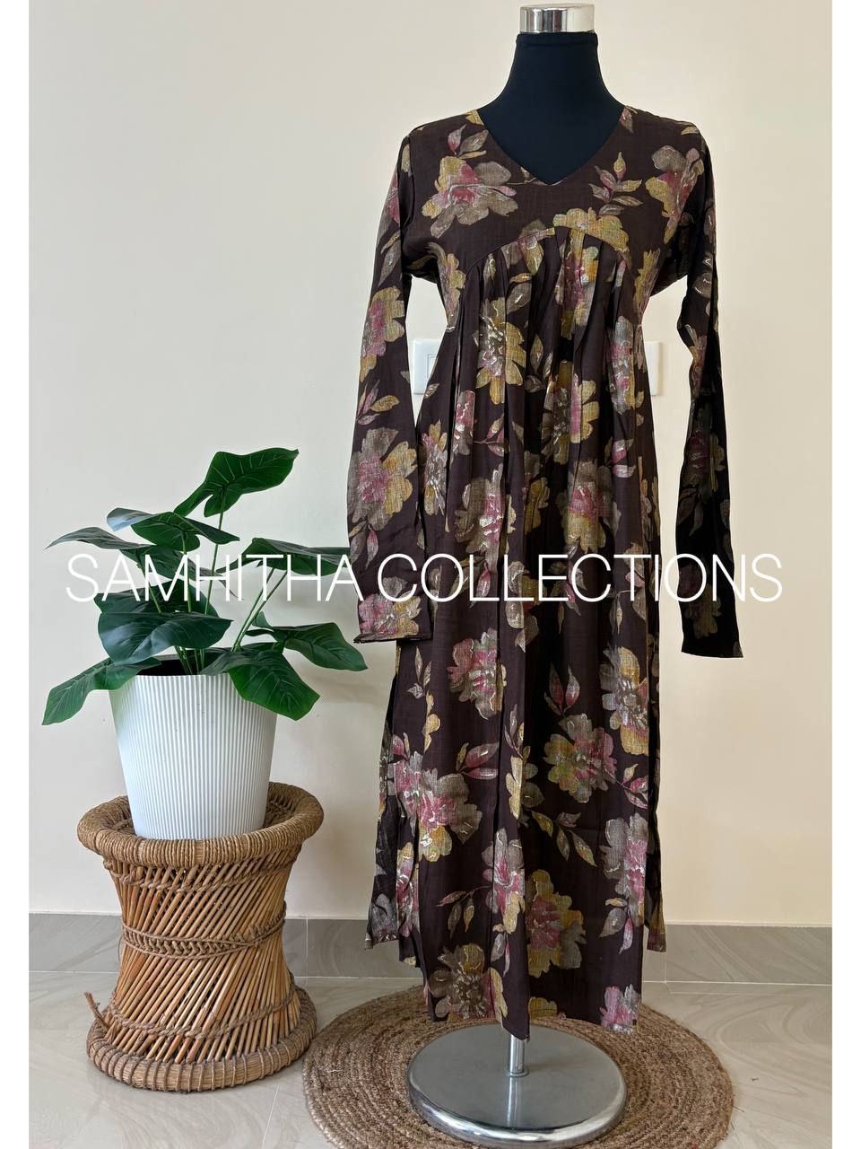 SC3099 - Premium Rayon Floral Aliya Cut Kurti – Semi Slitted Pattern, Coffee brown colour