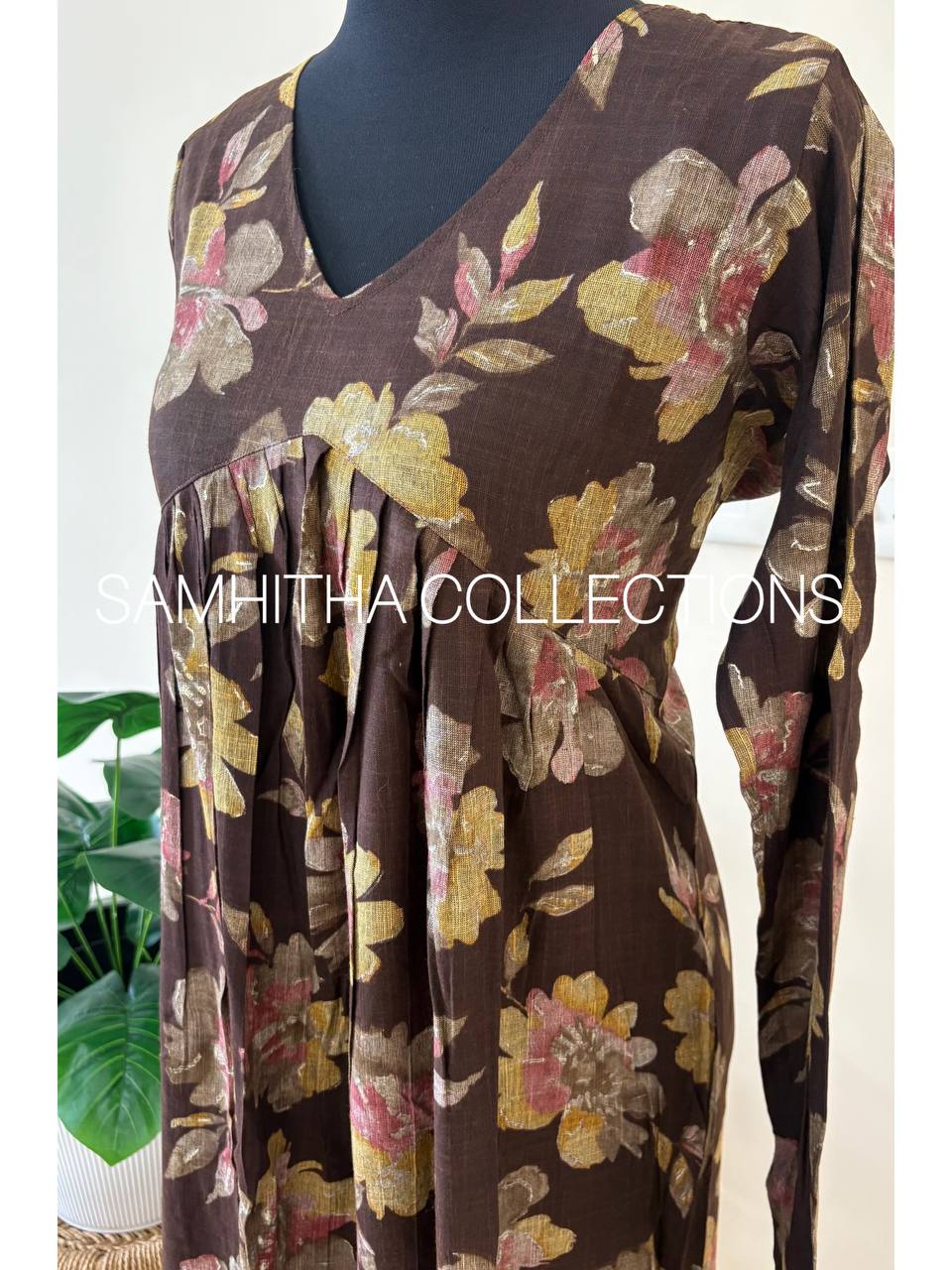 SC3099 - Premium Rayon Floral Aliya Cut Kurti – Semi Slitted Pattern, Coffee brown colour