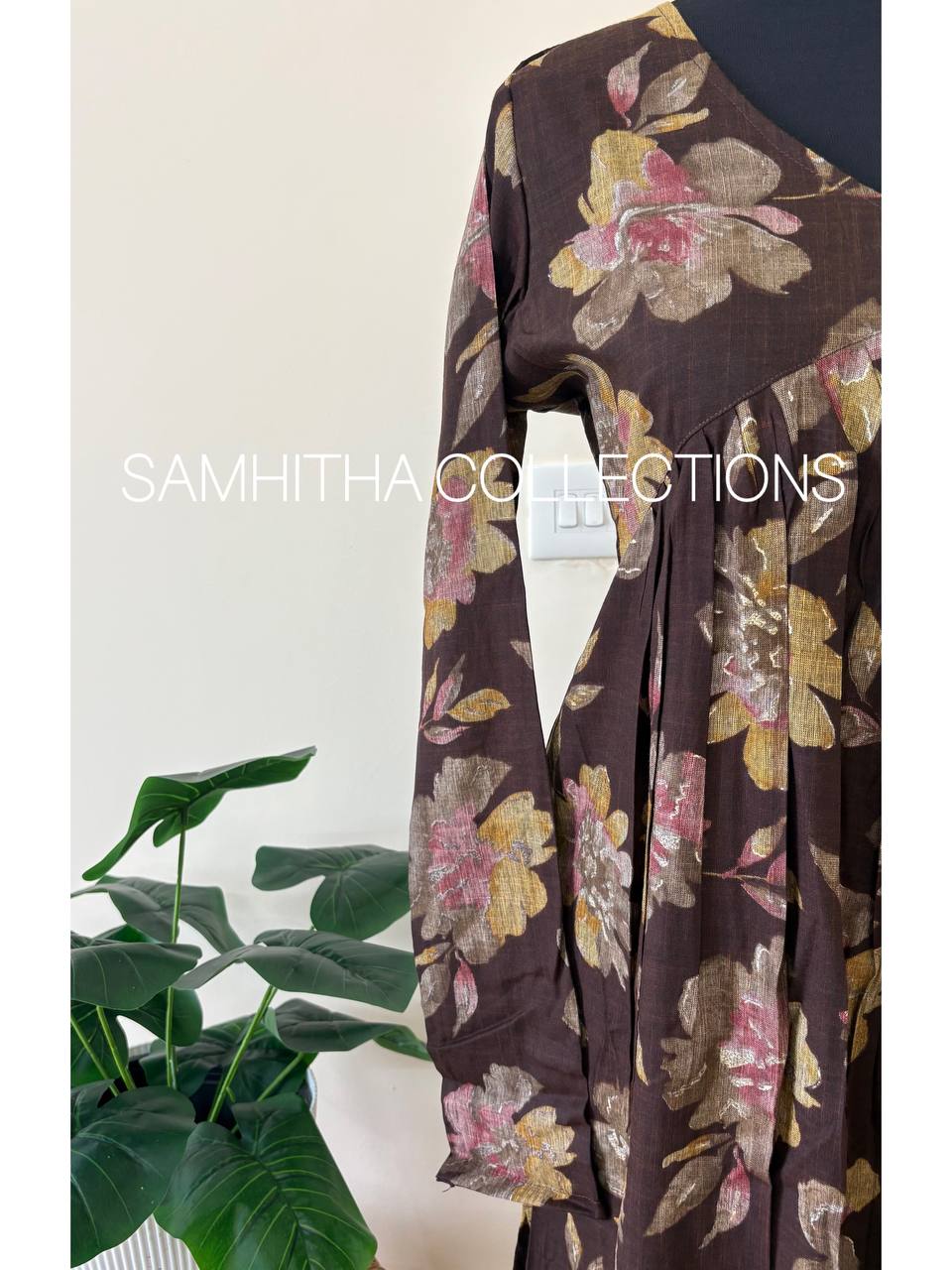 SC3099 - Premium Rayon Floral Aliya Cut Kurti – Semi Slitted Pattern, Coffee brown colour