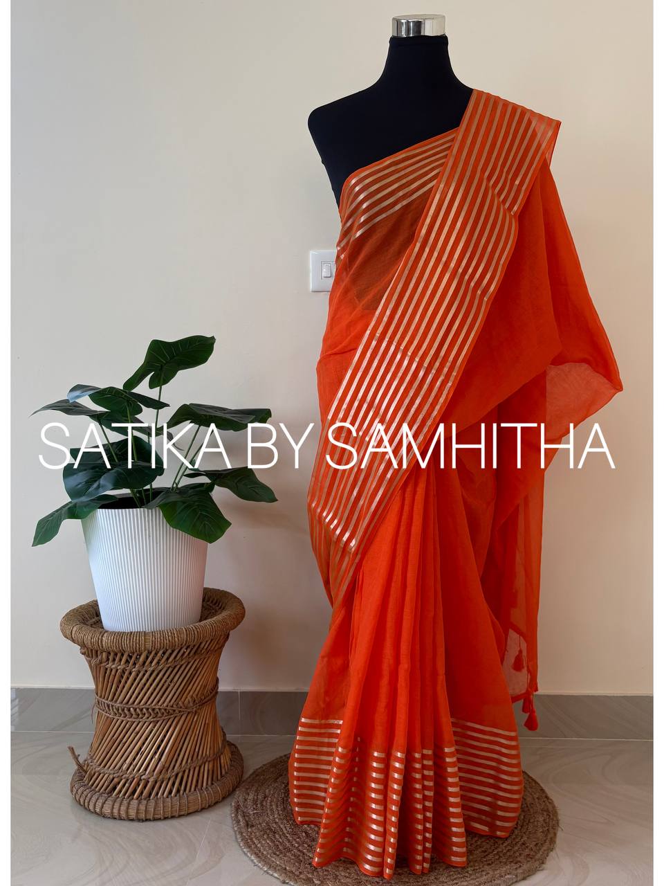 STSC18- Pure 120 Count Mul Cotton Saree with golden striped border, Sunset Orange colour, Pre booking open now, dispatch within 10 working days