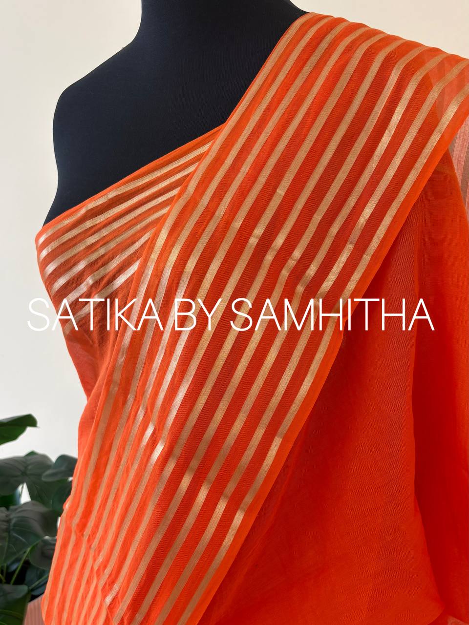 STSC18- Pure 120 Count Mul Cotton Saree with golden striped border, Sunset Orange colour, Pre booking open now, dispatch within 10 working days