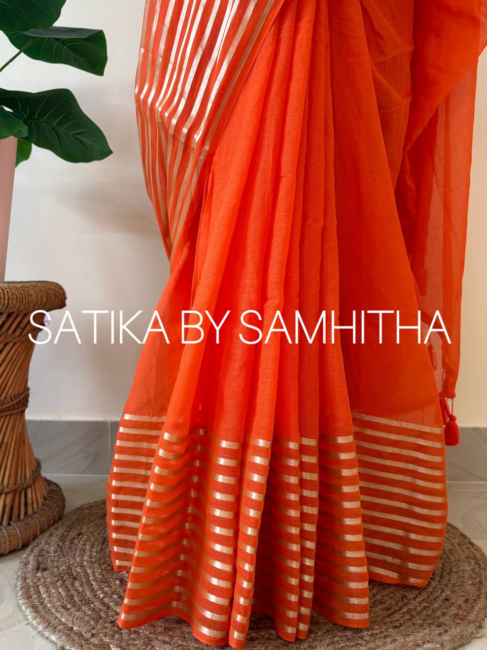 STSC18- Pure 120 Count Mul Cotton Saree with golden striped border, Sunset Orange colour, Pre booking open now, dispatch within 10 working days