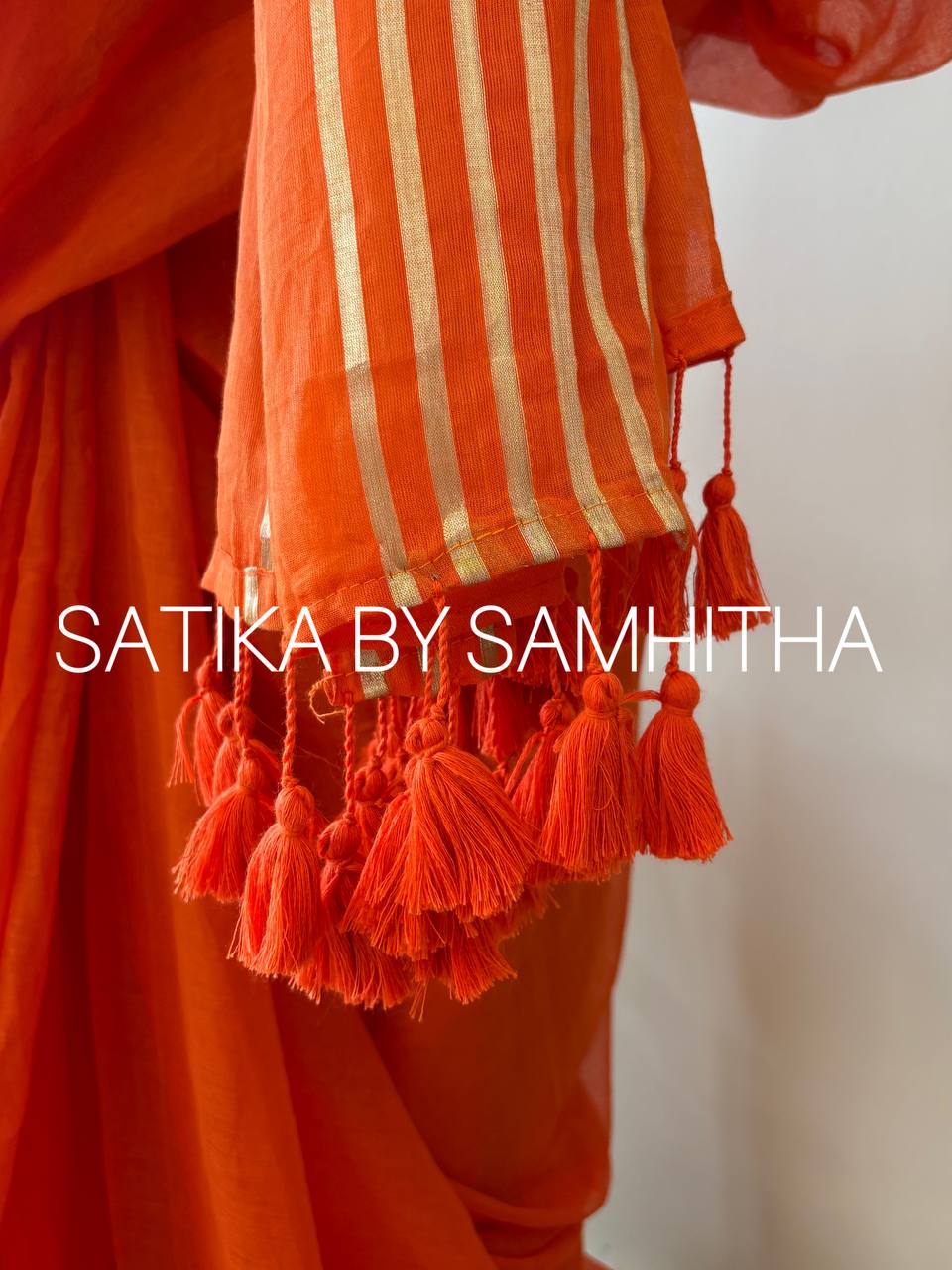 STSC18- Pure 120 Count Mul Cotton Saree with golden striped border, Sunset Orange colour, Pre booking open now, dispatch within 10 working days