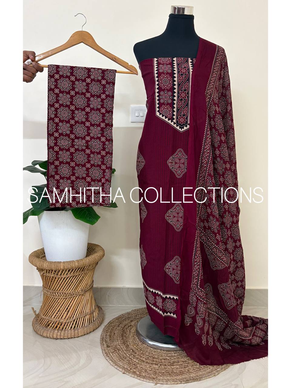 SC3124 - Cotton Rayon Salwar materials, Wine colour with black print