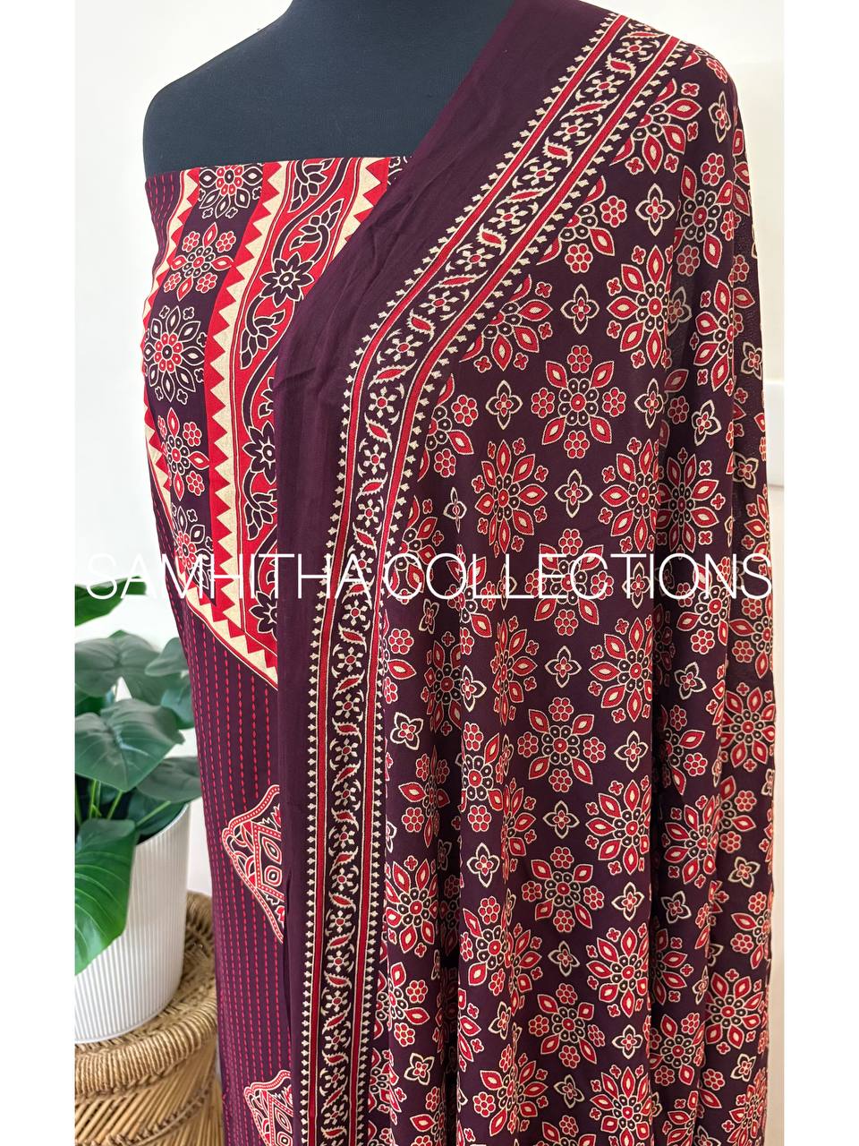 SC3125 - Cotton Rayon Salwar materials, Dark Purple colour with red prints
