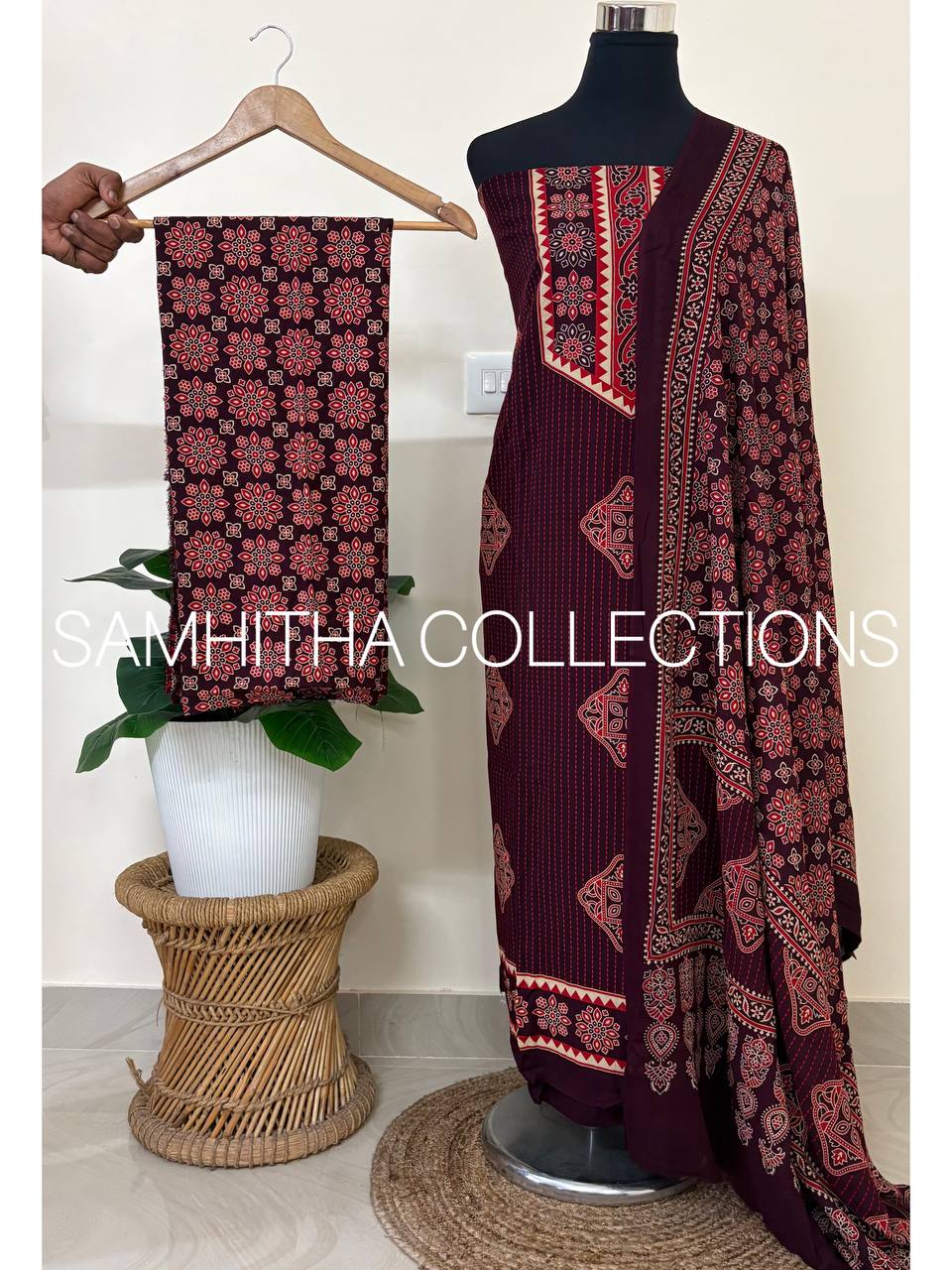 SC3125 - Cotton Rayon Salwar materials, Dark Purple colour with red prints
