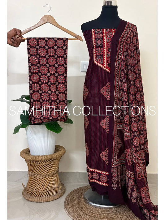 SC3125 - Cotton Rayon Salwar materials, Dark Purple colour with red prints