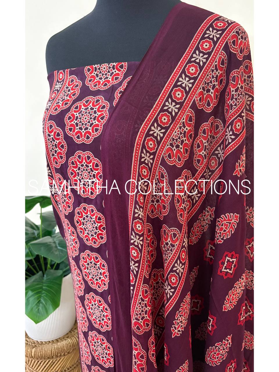 SC3128 - Cotton Rayon Salwar materials, Dark Purple colour with red print