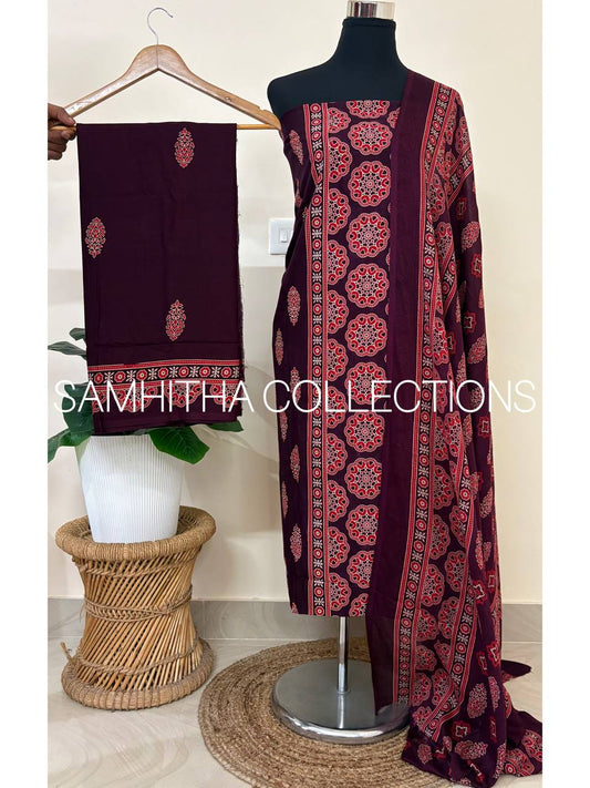 SC3128 - Cotton Rayon Salwar materials, Dark Purple colour with red print