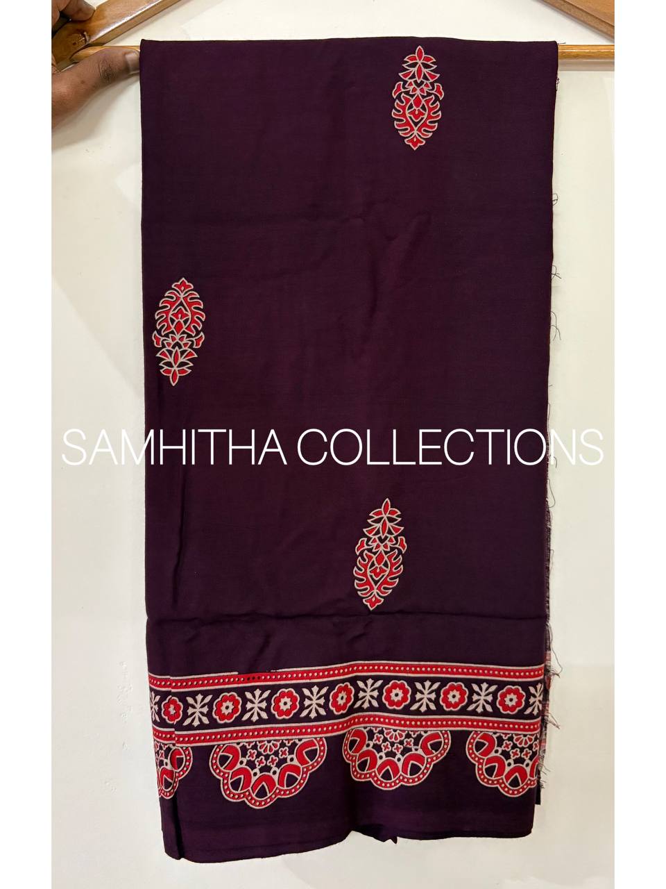 SC3128 - Cotton Rayon Salwar materials, Dark Purple colour with red print