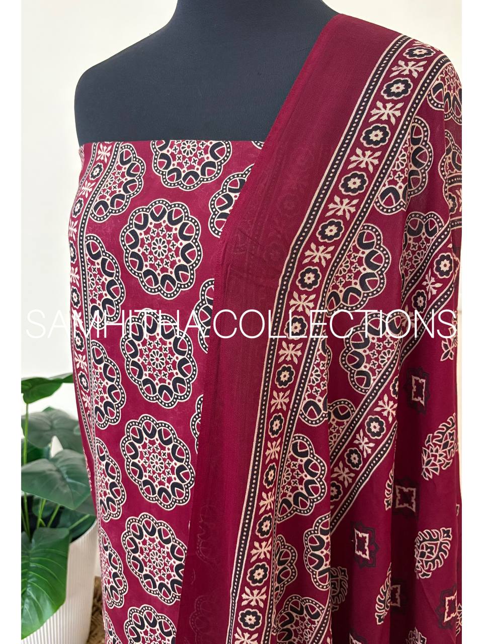 SC3129 - Cotton Rayon Salwar materials, Wine colour with black print