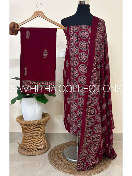 SC3129 - Cotton Rayon Salwar materials, Wine colour with black print