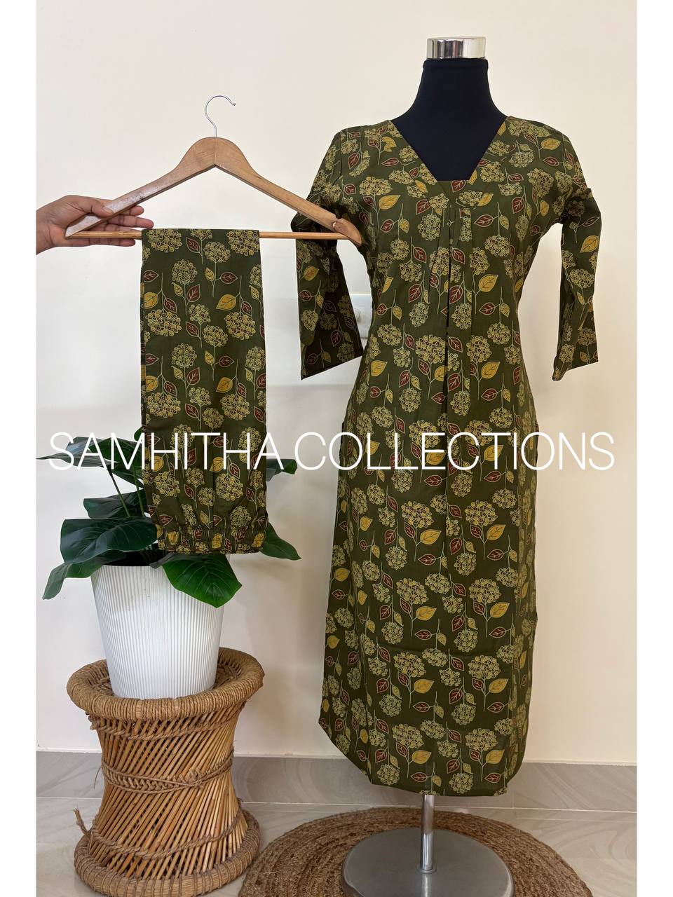 SC3135 - Premium Cotton Kalamkari Inspired Co-Ord Set ,Olive green colour