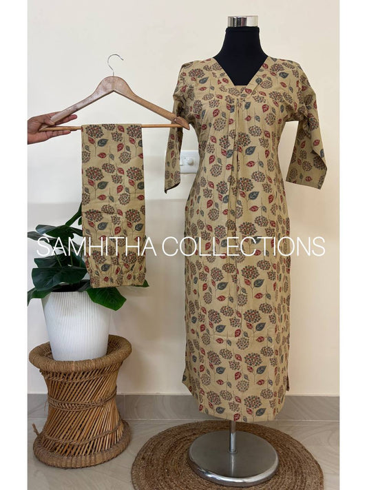 SC3131 - Premium Cotton Kalamkari Inspired Co-Ord Set ,Beige colour