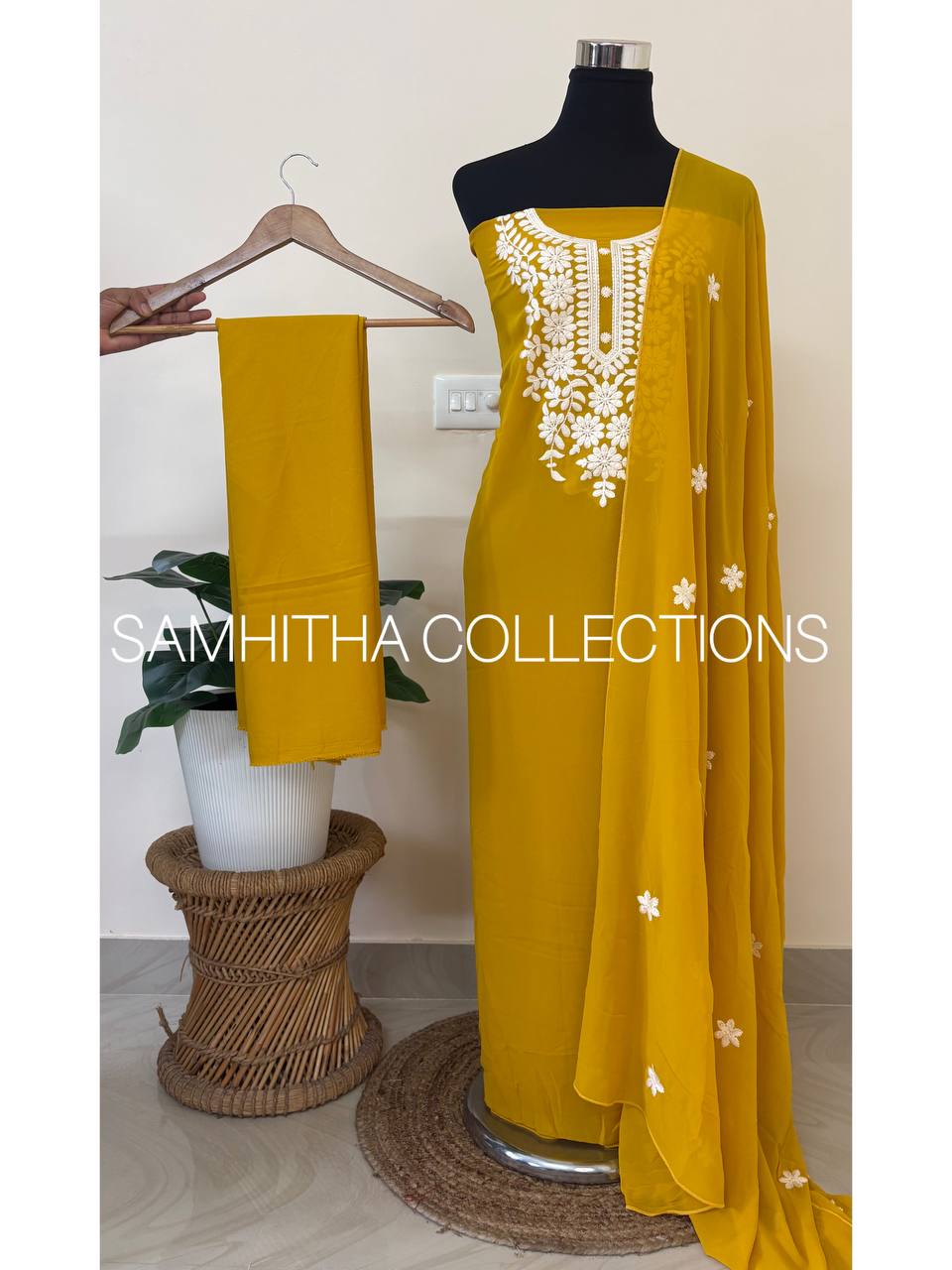SC2651 - Chikankari inspired thread embroidered Premium Georgette Salwar materials, Bright Yellow shade