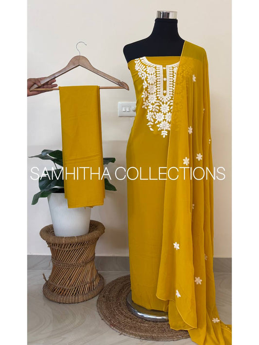 SC2651 - Chikankari inspired thread embroidered Premium Georgette Salwar materials, Bright Yellow shade
