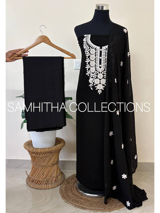 SC3144 - Chikankari inspired thread embroidered Premium Georgette Salwar materials, Black colour