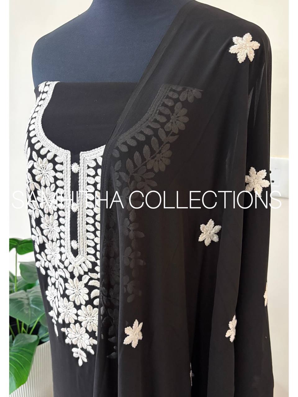 SC3144 - Chikankari inspired thread embroidered Premium Georgette Salwar materials, Black colour
