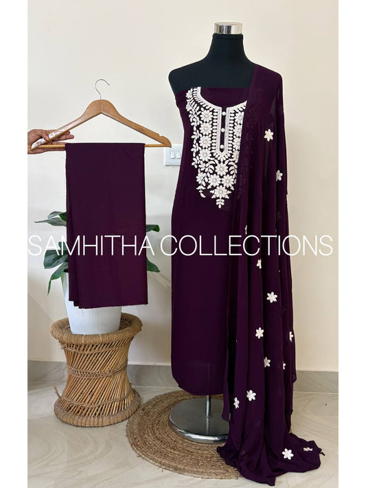 SC3145 - Chikankari inspired thread embroidered Premium Georgette Salwar materials, Grape wine colour