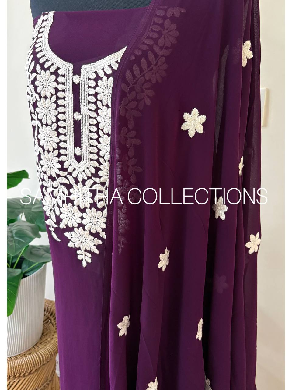 SC3145 - Chikankari inspired thread embroidered Premium Georgette Salwar materials, Grape wine colour