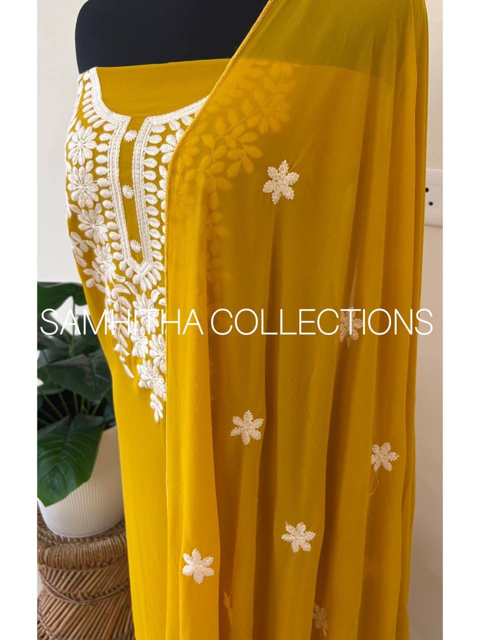 SC2651 - Chikankari inspired thread embroidered Premium Georgette Salwar materials, Bright Yellow shade