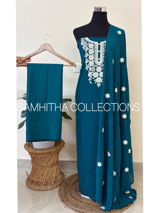 SC2698 - Chikankari inspired thread embroidered Premium Georgette Salwar materials, Teal blue shade