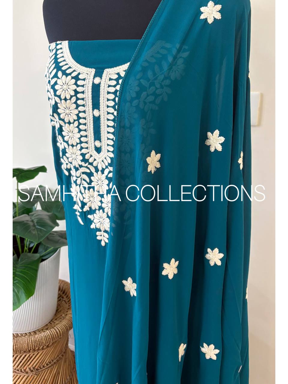 SC2698 - Chikankari inspired thread embroidered Premium Georgette Salwar materials, Teal blue shade