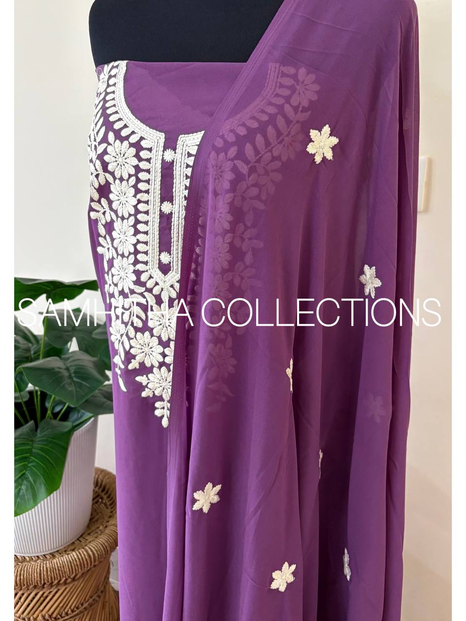 SC3146 - Chikankari inspired thread embroidered Premium Georgette Salwar materials, Lavender colour