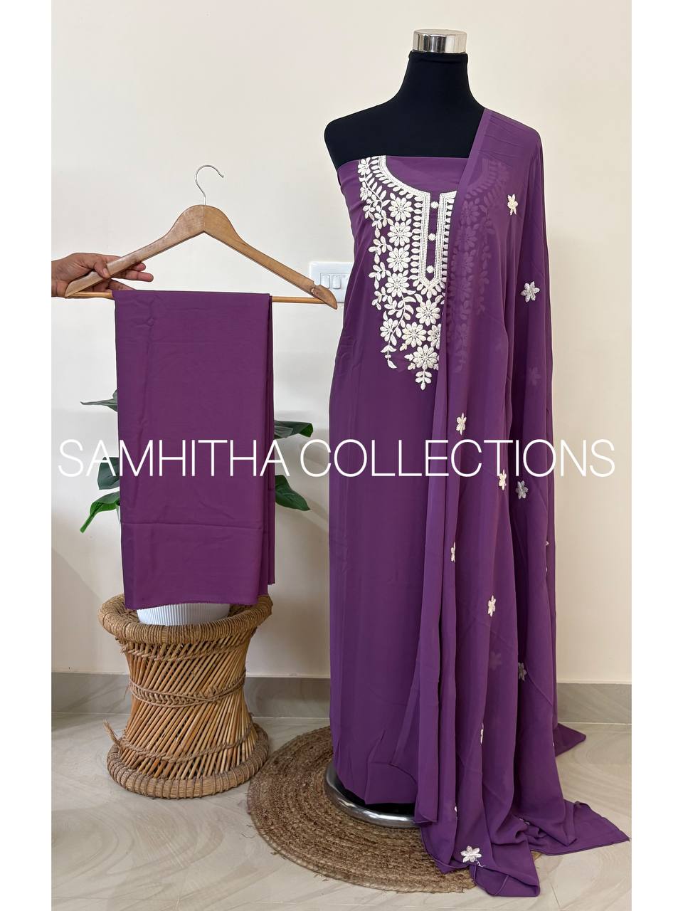 SC3146 - Chikankari inspired thread embroidered Premium Georgette Salwar materials, Lavender colour