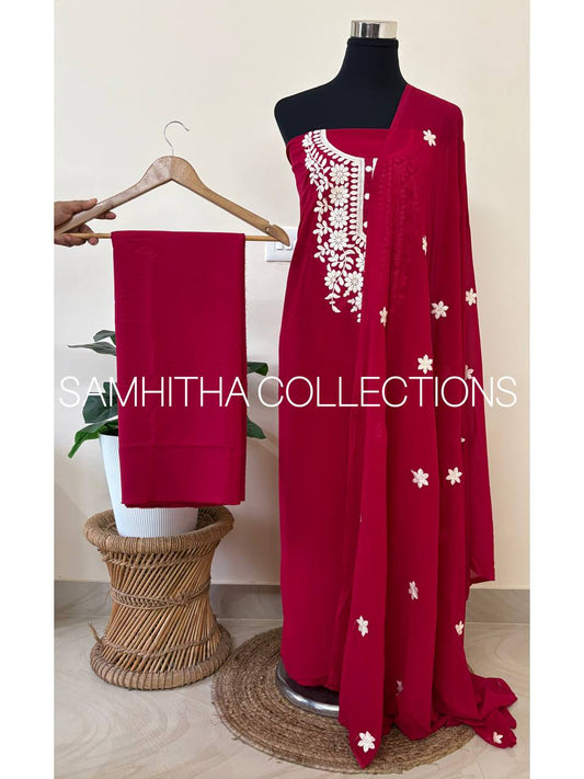 SC3147 - Chikankari inspired thread embroidered Premium Georgette Salwar materials, Beetroot pink colour